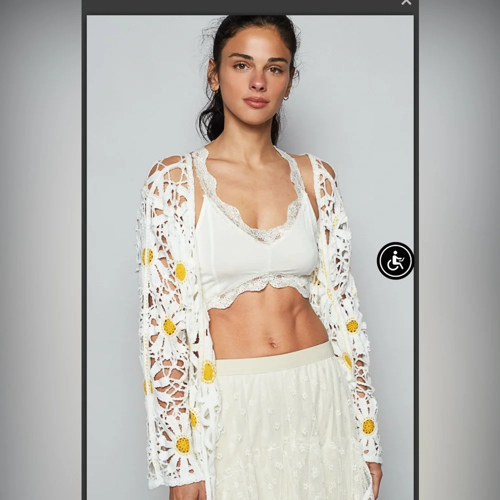 White Crochet Cardigan with Yellow Daisy Accents - Picture 4 of 5